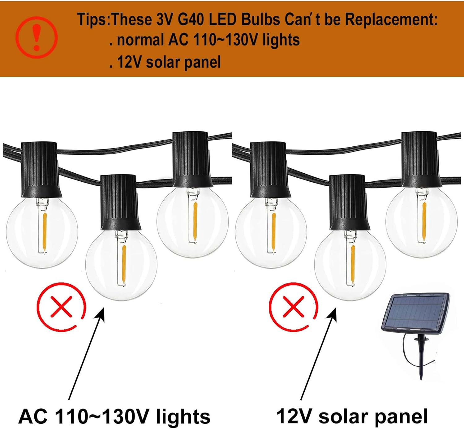 FEFEFW-DC 3V Low Voltage,Solar String Light Bulbs,Only for 3V DC, Burn Out at 120V, Shatterproof Waterproof E12 G40 LED Bulbs,Warm White 25 Pack.
