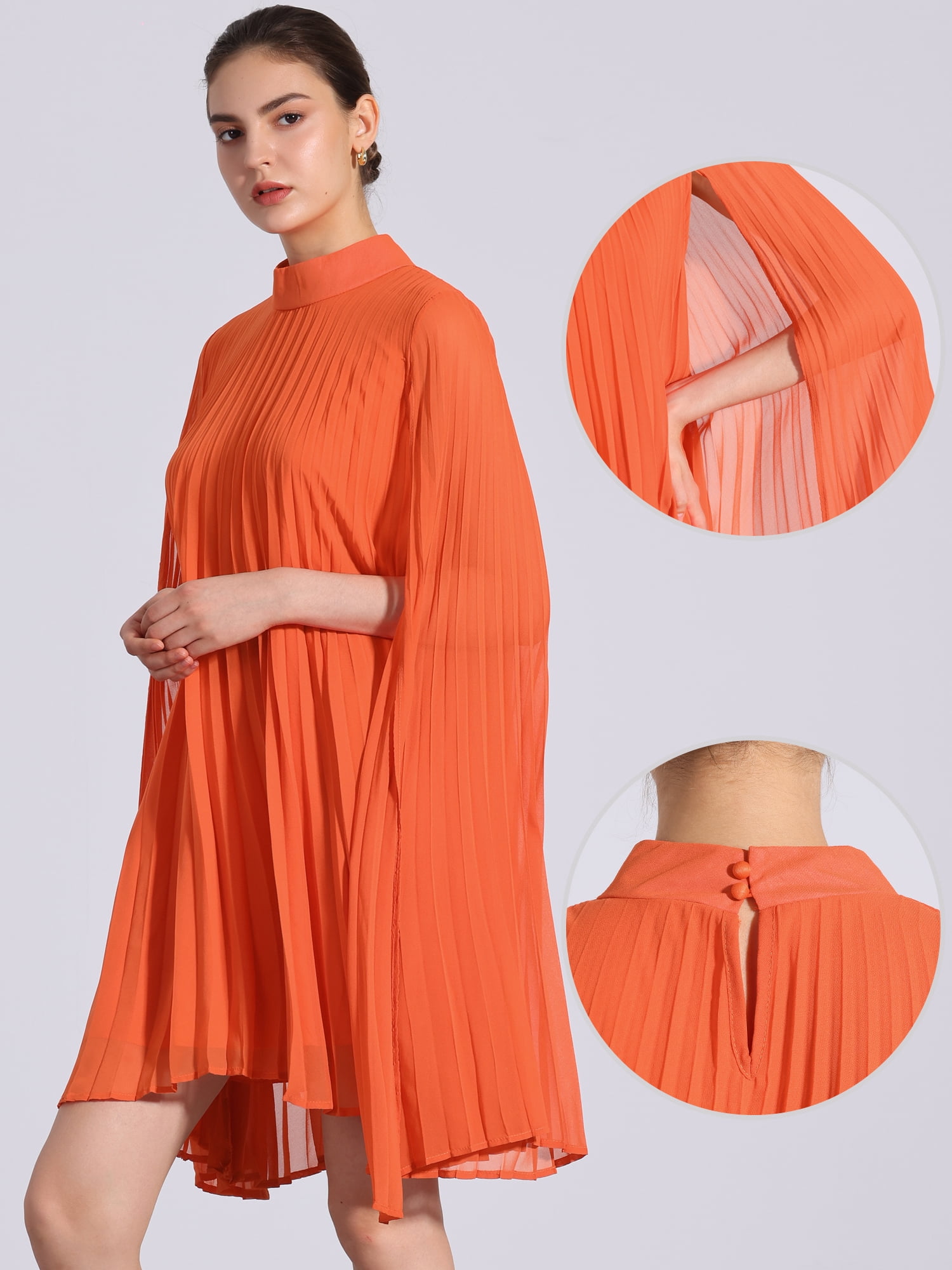 DARING DIVA Flowy Cloak Sleeve Cape Pleated Chiffon Dress M Orange