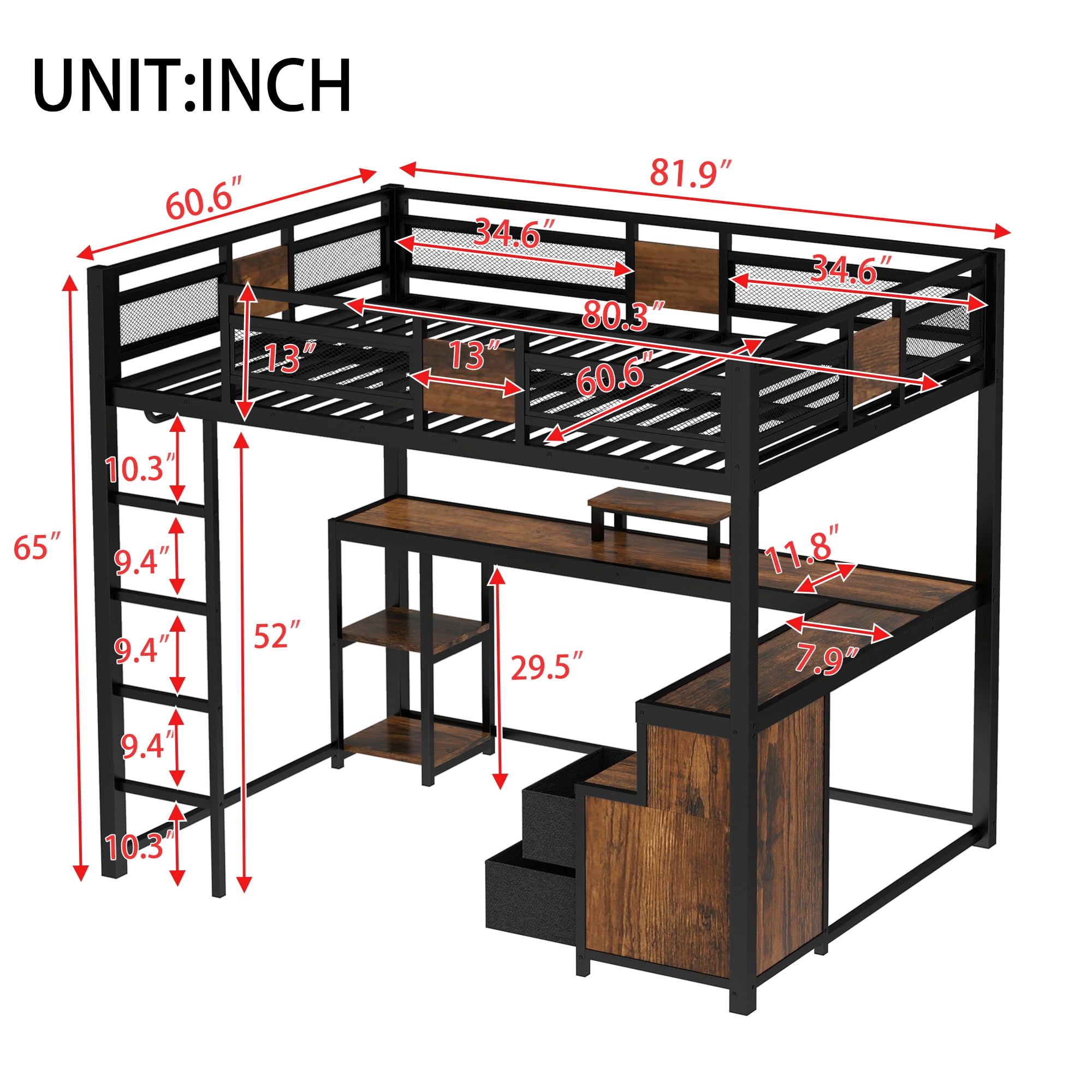 Leumius Queen Size Loft Bed with L Shape Desk,Metal Loft Bed Frame and Storage Drawers and Ladders,Nosie-Free,No Spring Box Needed,Black