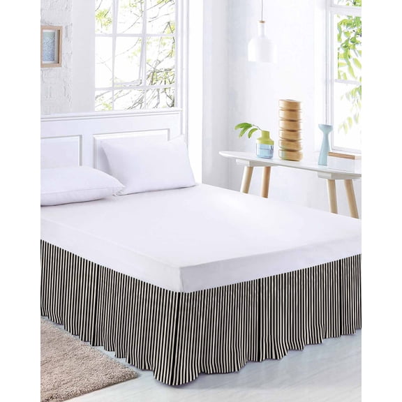 Simple White Striped Bed Skirt Queen Size 18 Inch Drop, Black Stripe Vintage Linen Texture Adjustable Elastic Dust Ruffles Bedskirt for Queen Bed Wrap Around Pleated Mattress Frame Cover