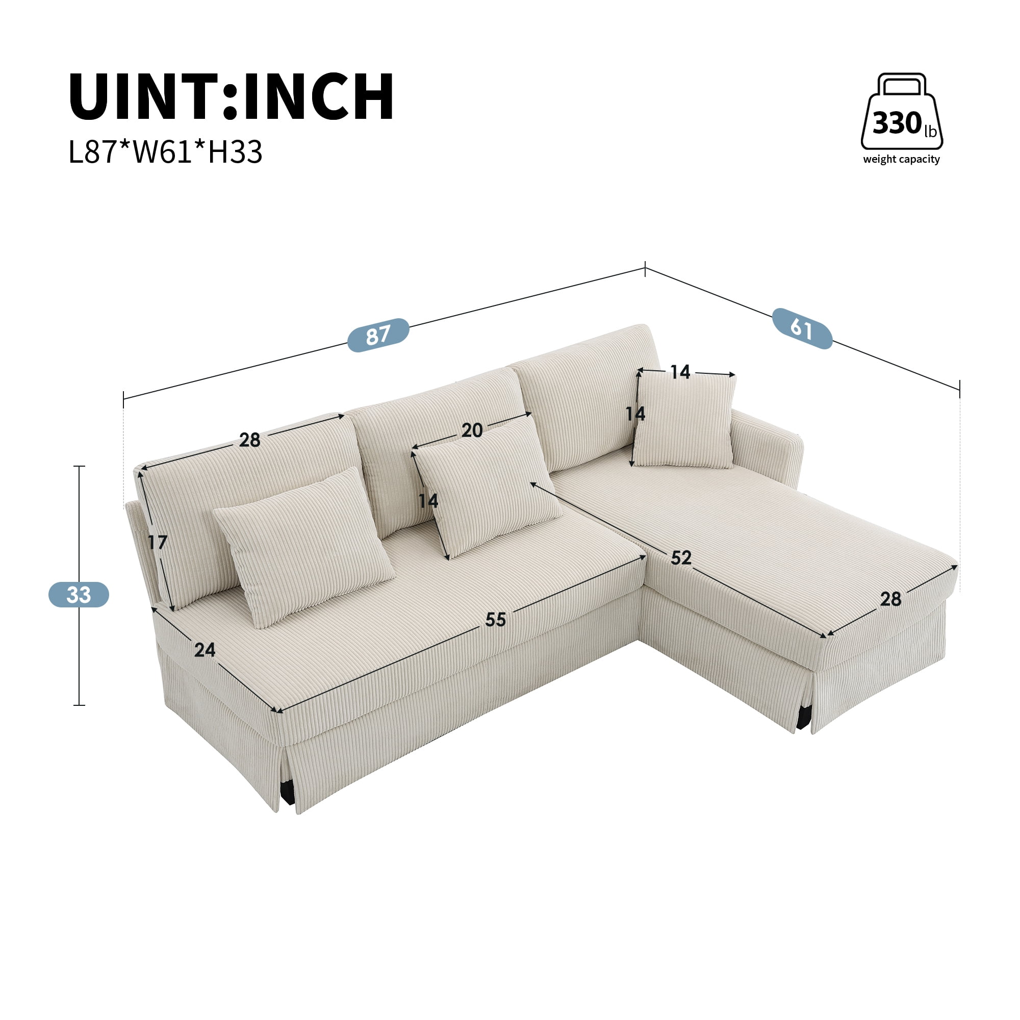 Modern L-shaped Corduroy Sofa with Reversible Chaise,4-seat Upholstered Sectional Indoor Furniture,Convertible Sleeper Couch with Pillows for Living Room,Apartment