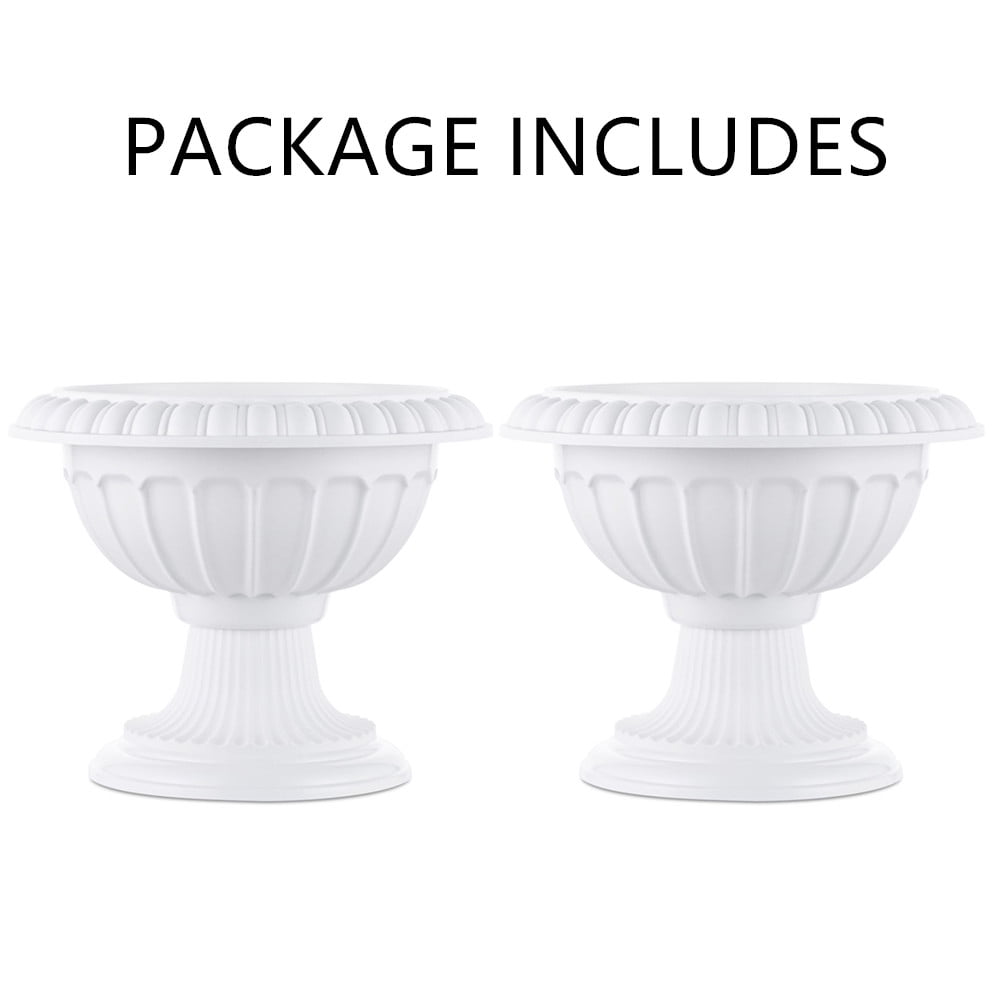 Nuptio 10.2 Inch Plastic Garden Planter Urns for Outdoor Plants with Pedestal, Front Porch Planters Set of 2