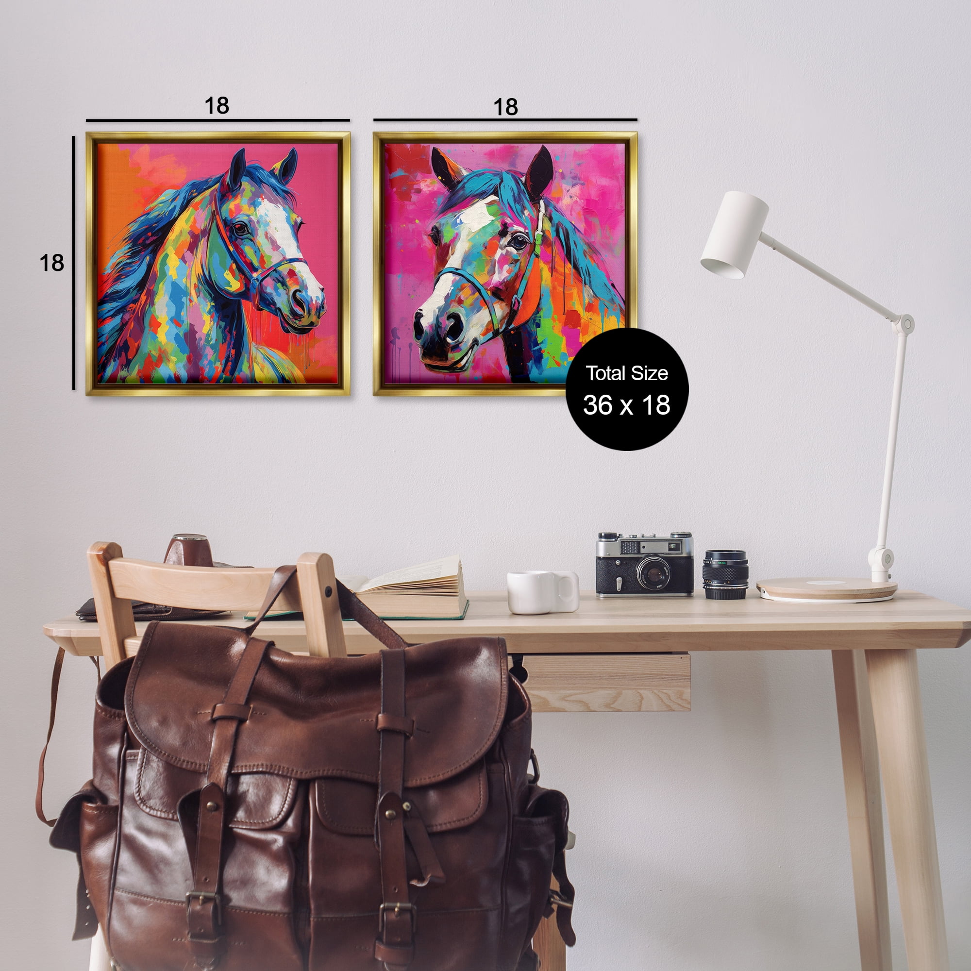 Stupell Industries Bright Neon Horse Portrait Animals Painting Gold Floater Framed Canvas Art Print Wall Art, 18 x 18, Set of 2