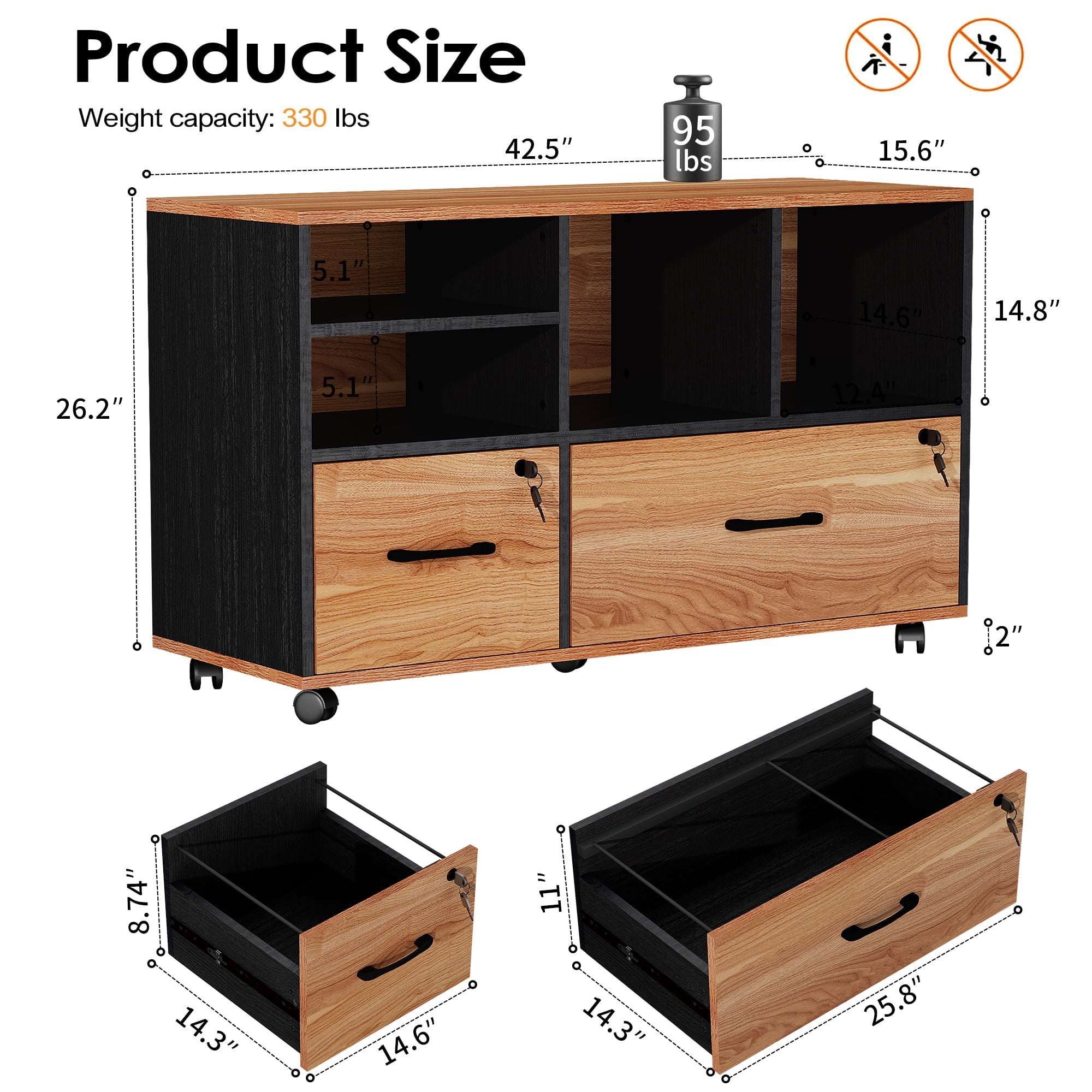 Modfurne Large Lateral File Cabinet with 2 Drawers, Wood Mobile Lockable Rolling Filing Cabinet, Printer Stand Office Storage Fits Files Legal/A4, Brown