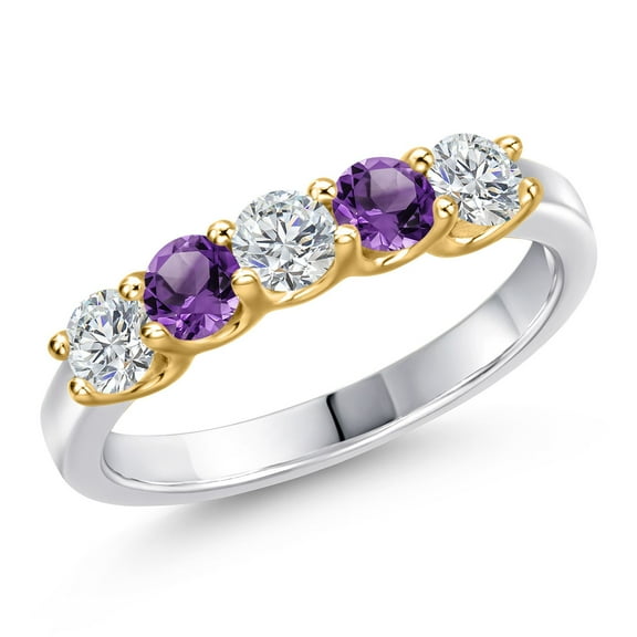 Gem Stone King 925 Silver and 10K Yellow Gold Lab Grown Diamond and Purple Amethyst Wedding-Bands Ring for Women | 0.83 Cttw | Round 3.5MM | Gemstone April Birthstone | Size 5
