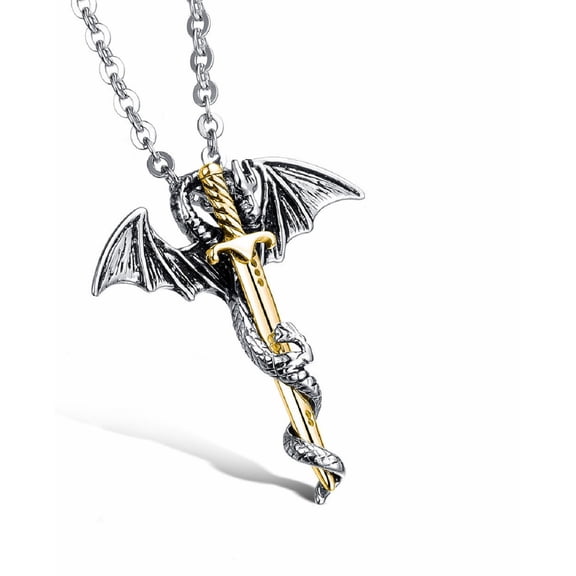 PikaLF PikaLF Dragon Necklace for Men, Sword Pendant, Winged Dragon Necklace with 19.69" 1.97" Chain, Wing Necklace, Amulet Pendant, Stainless Steel Chain, Animal Necklace Jewelry for Men