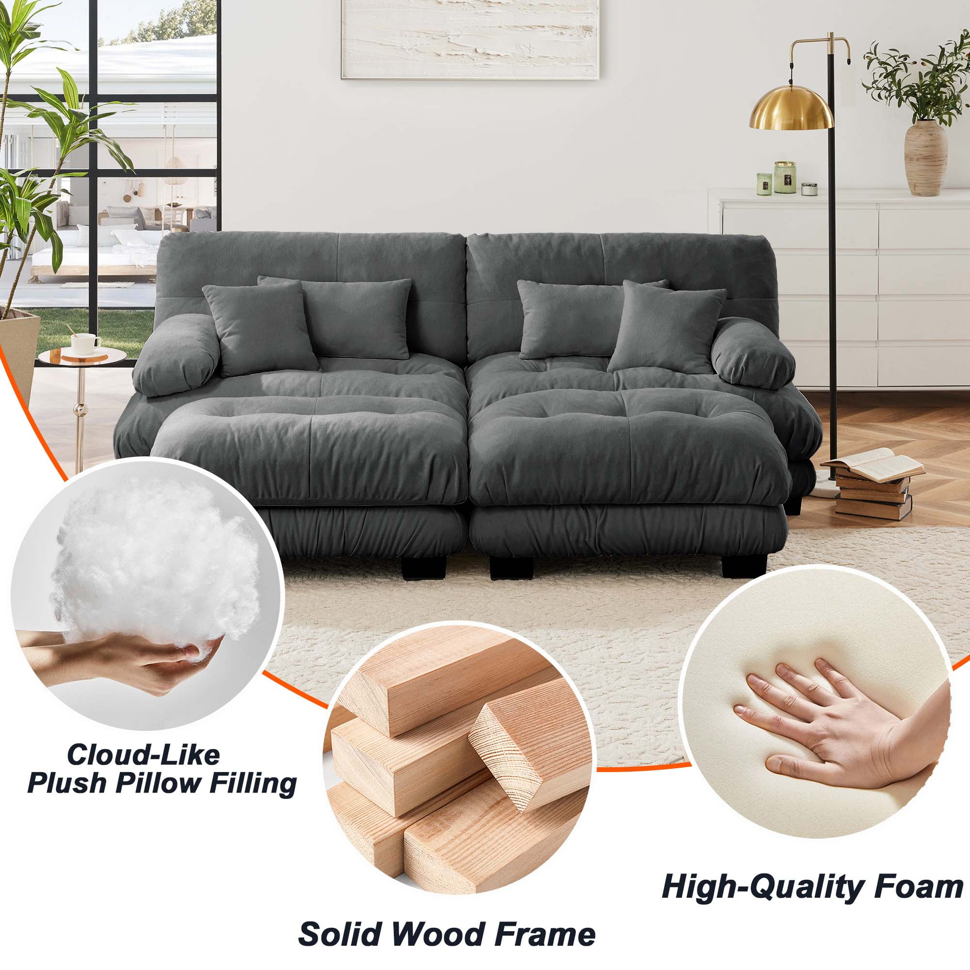 94.4" Cloud Chenille Loveseat Sofa with 2 Moveable Ottomans, Oversized Deep Seat Couch Set for Living Room,Gray