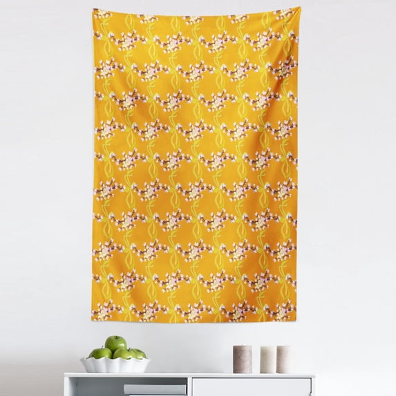 Amber Tapestry, Summer Flowers Arrangement Tied Bows with Ribbons Repetitive Illustration, Fabric Wall Hanging Decor for Bedroom Living Room Dorm, 5 Sizes, Orange and Pale Yellow, by Ambesonne