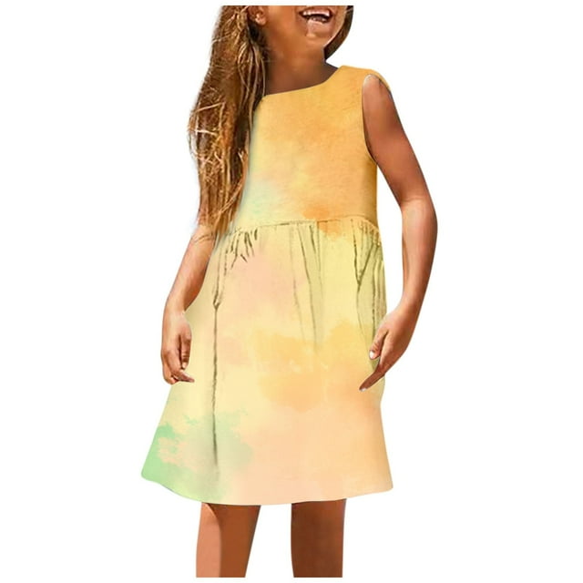 Robe d'Été Sans Manches pour Filles, Confort Extensible, Col Rond, Décontractée avec Imprimé Dégradé pour Enfants, Plage et Activités Extérieures, Robe de Noël à Carreaux pour Filles, Robes Chaudes pour Filles