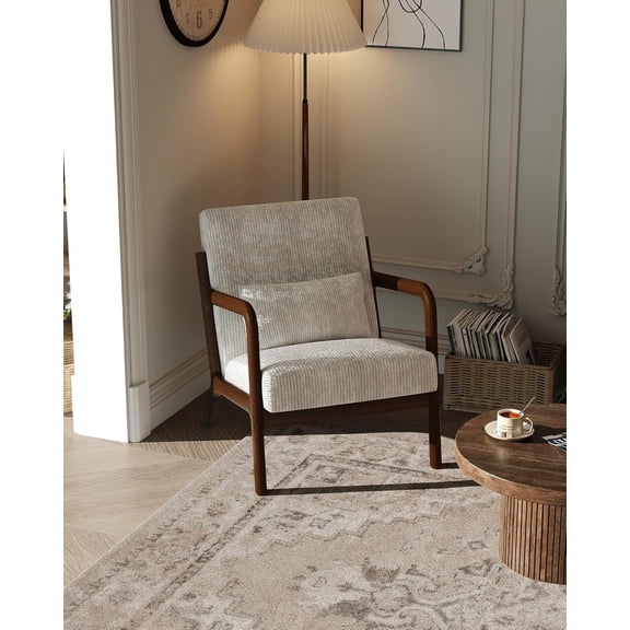 Mid-Century Modern Accent Chair, Wide-Wale Corduroy Upholstery, Solid Wood Armchair with Removable Lumbar Pillow, Sturdy Reading Chair for Living Room, Bedroom, Guest Room, Easy Assembly, Beige