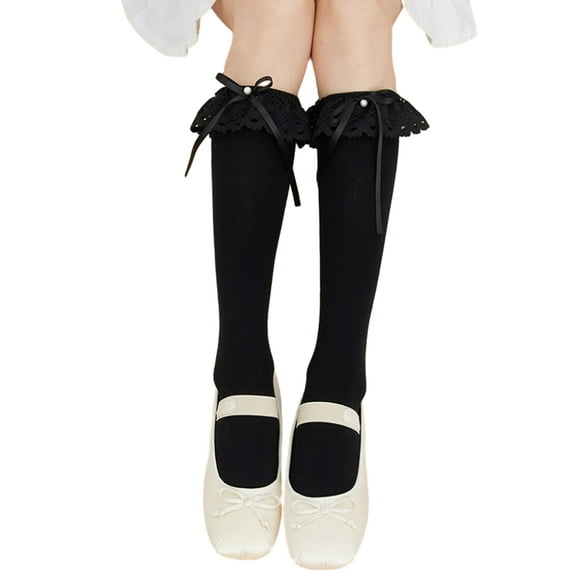 URTERYSER 1 Pair Women Ruffle Socks Girl Lace Topped Calf Socks Frilly Socks with Bowties Cotton Socks Princess Dress Socks Color 1