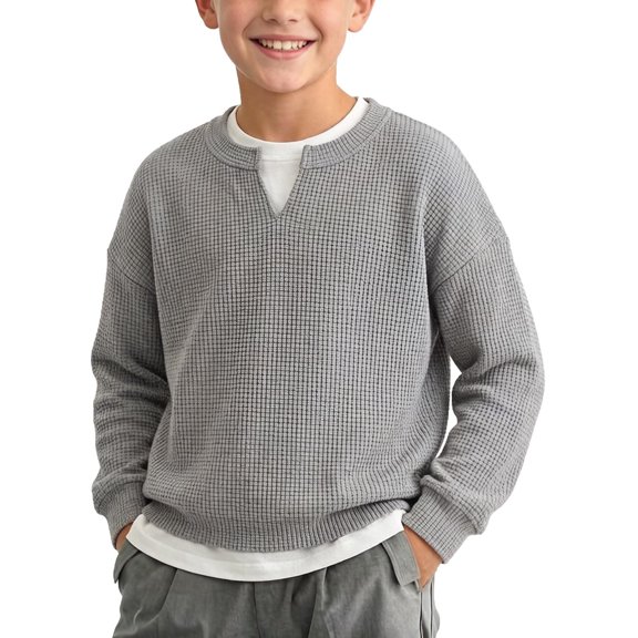 Dagugfen Tshirts for Boys Long Sleeve Notch Neck Cinch Cuff Loose Fitted Breathable Fall Winter Layer Tops(14-15Years,Gray)