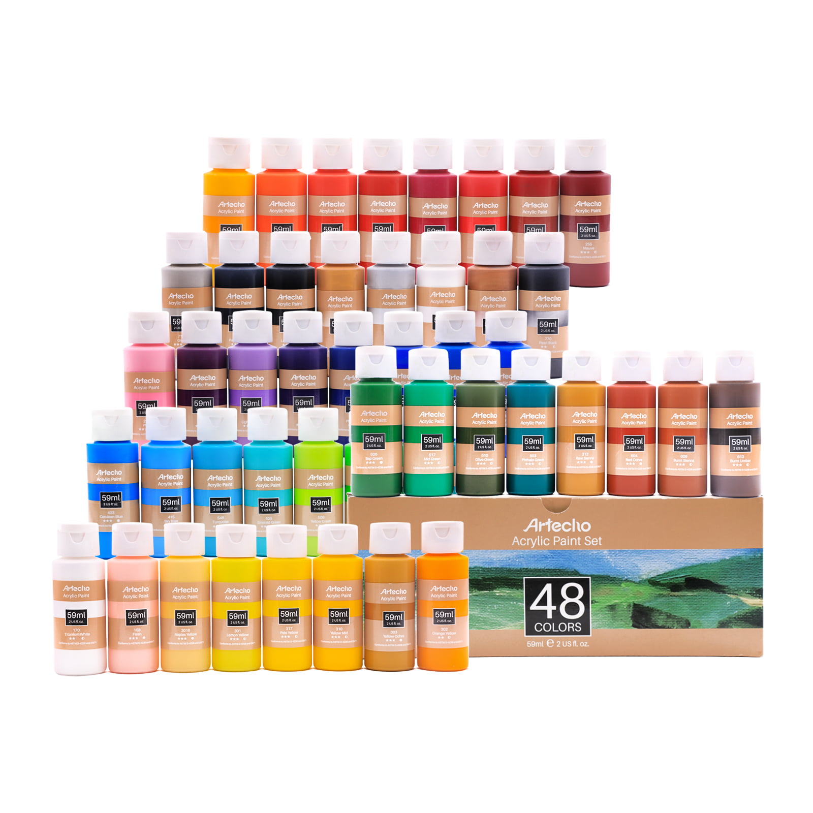 Artecho Acrylic Paint Set of 48 Color Paints, 2Ounce/59ml Vibrant Acrylic  Paint for Art Paint, Decorate, Supplies for Wood, Fabric, Crafts, Canvas,  Leather&Stone 