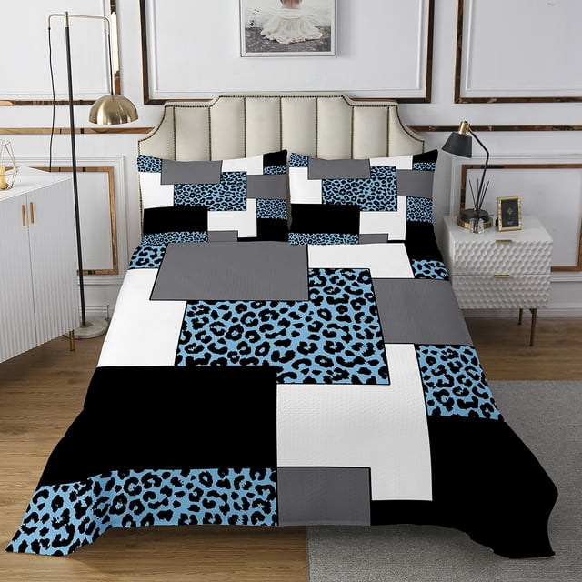 YST Mid Century Modern King Quilt Set,Geometric Striped Coverlet Set,Black White Blue Bedspread Set,Abstract Cheetah Bed Cover with 2 Pillowcases Lightweight