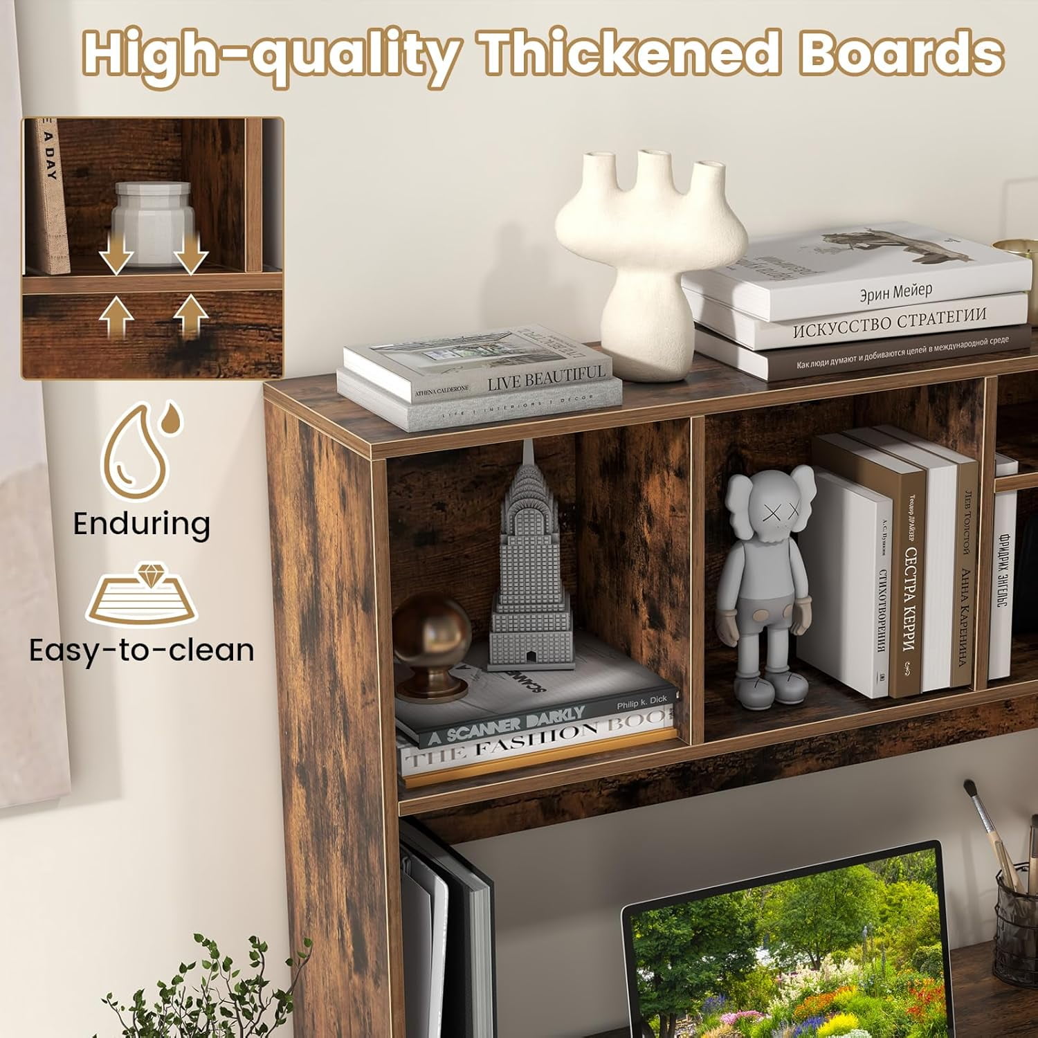 CRXX Desktop Bookshelf, Countertop Storage Hutch with 4 Shelves for Computer Desk, Dressing Tabletop Display Rack, Multipurpose Desk Hutch Storage Organizer for Home Office Dorm (Rustic Brown)