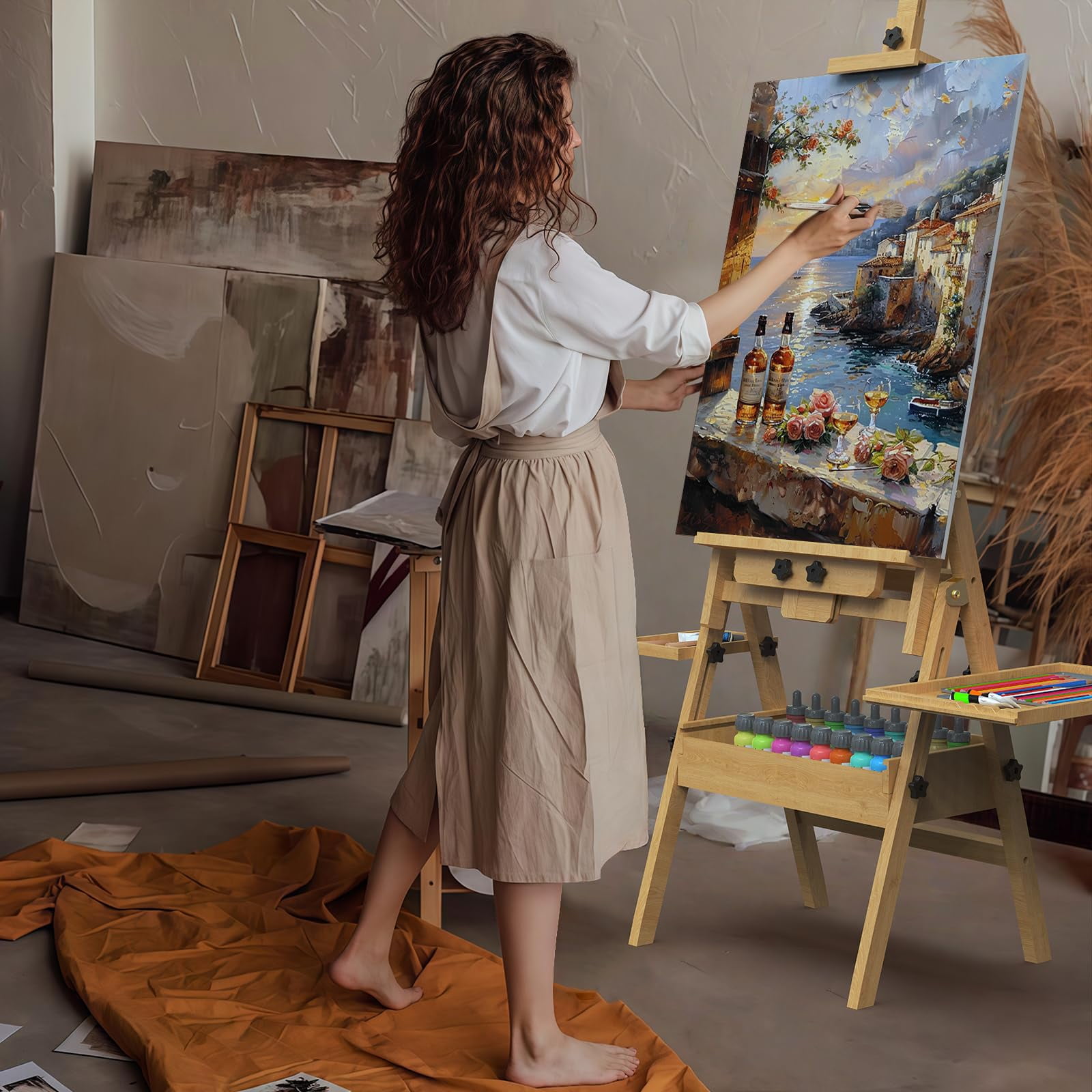 Large Solid Beech Wood Easel for Painting with Storage Drawer and Palette,  Foldable Art Easel with Signature Box for Adults, Holder up to 48''