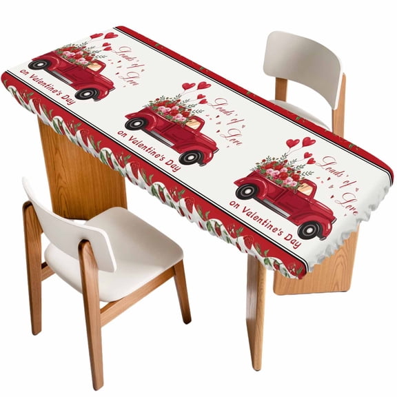 Valentine's Day Table Cloths for 8 Foot Rectangle Tables, Red Truck Love Heart Roses Romantic Floral Patio Waterproof Elastic Fitted Tablecloths, Washable Rectangular Table Cover for Camping