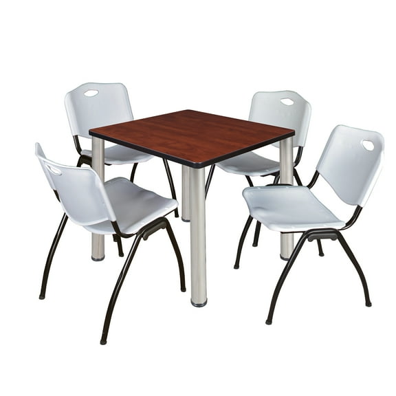 Romig Trek 30 in Square Breakroom Table- Cherry Top, Chrome Legs, 4 M Stack Chairs- Grey