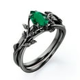 thumbnail image 4 of JeenMata Four Prong Solitaire - 1 TCW Pear Shaped Lab Created Emerald - Leaf Pattern Wedding Set - 18K Black Gold Plating over Silver, 4 of 6