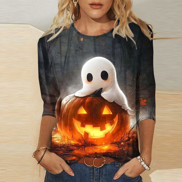 Women's Halloween Shirt, Spooky Season Graphic Tee with 3/4 Sleeve, Casual Crewneck Loose Fit Tops for Fall^