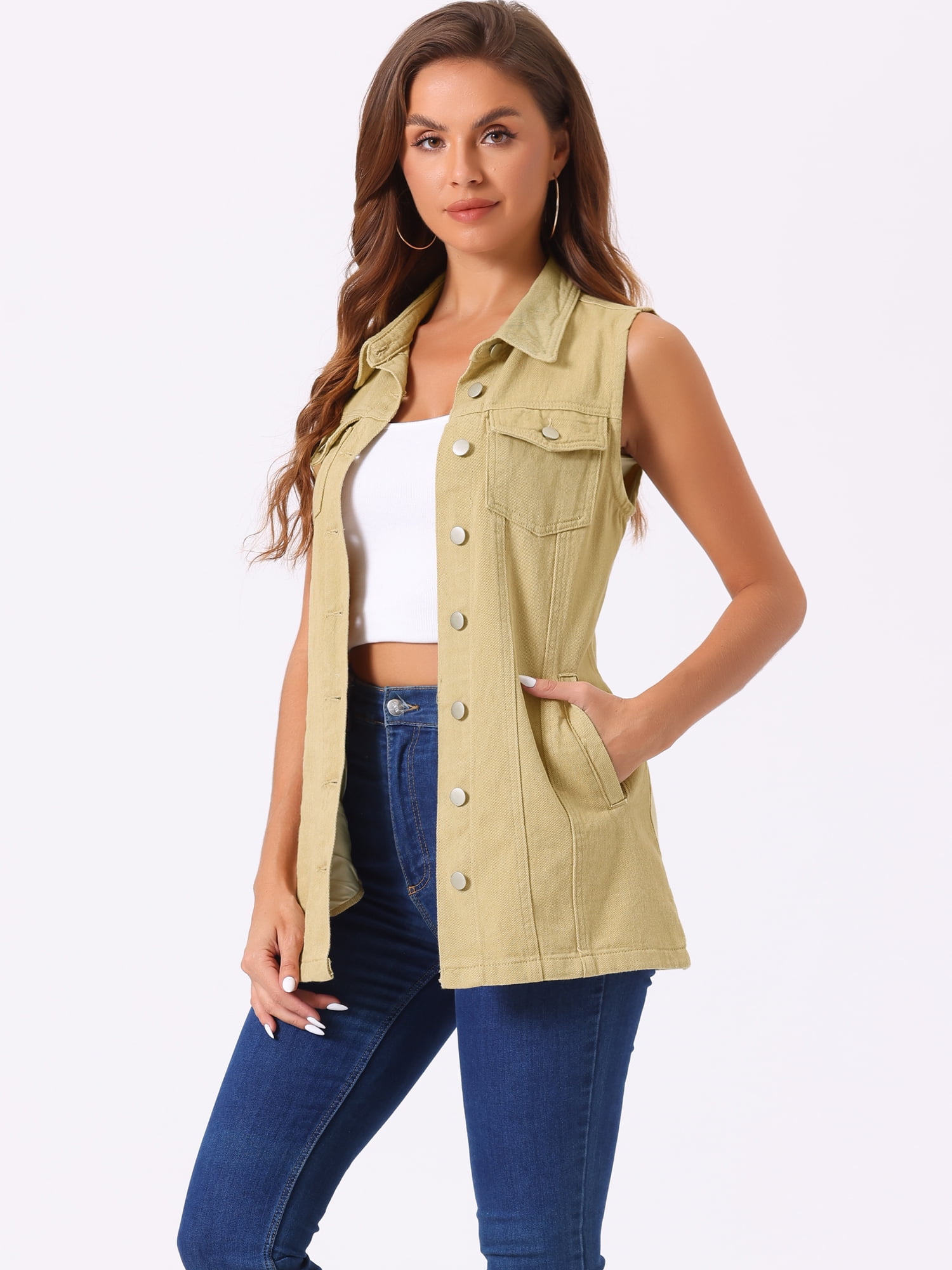 DARING DIVA Women's Button Down Sleeveless Pockets Mid-Long Denim Vest M Khaki