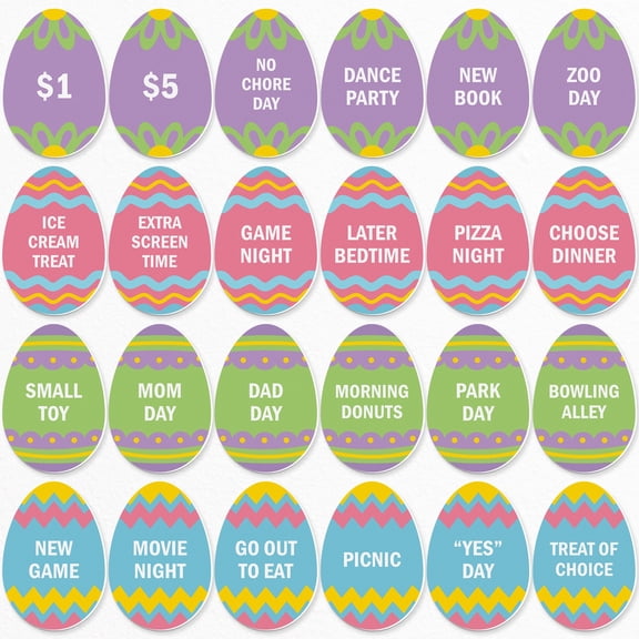 Big Dot of Happiness Hippity Hoppity Easter Egg Hunt Token Stuffers, 24 Count Egg Shape Filler Tokens with Rewards for Kids, Reusable Easter Activity, Egg Hunt Supplies