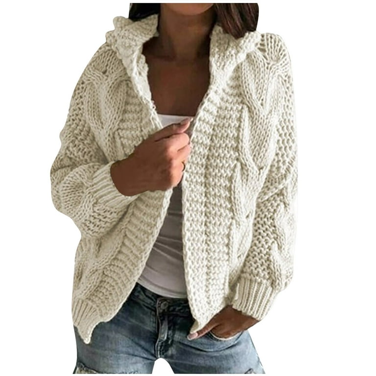 FITORON Women s Knitted Jacket Collared Neck Long Sleeve Solid Outerwear Loose Knitted Sweater Coat Cardigan for Autumn Winter Beige S