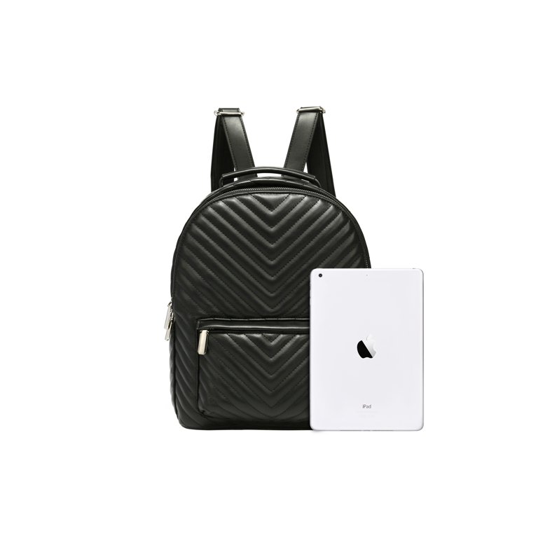 black quilted faux leather backpack The Diamond Thread + Seed tone hardware Badgley Mischka Quilted Vegan