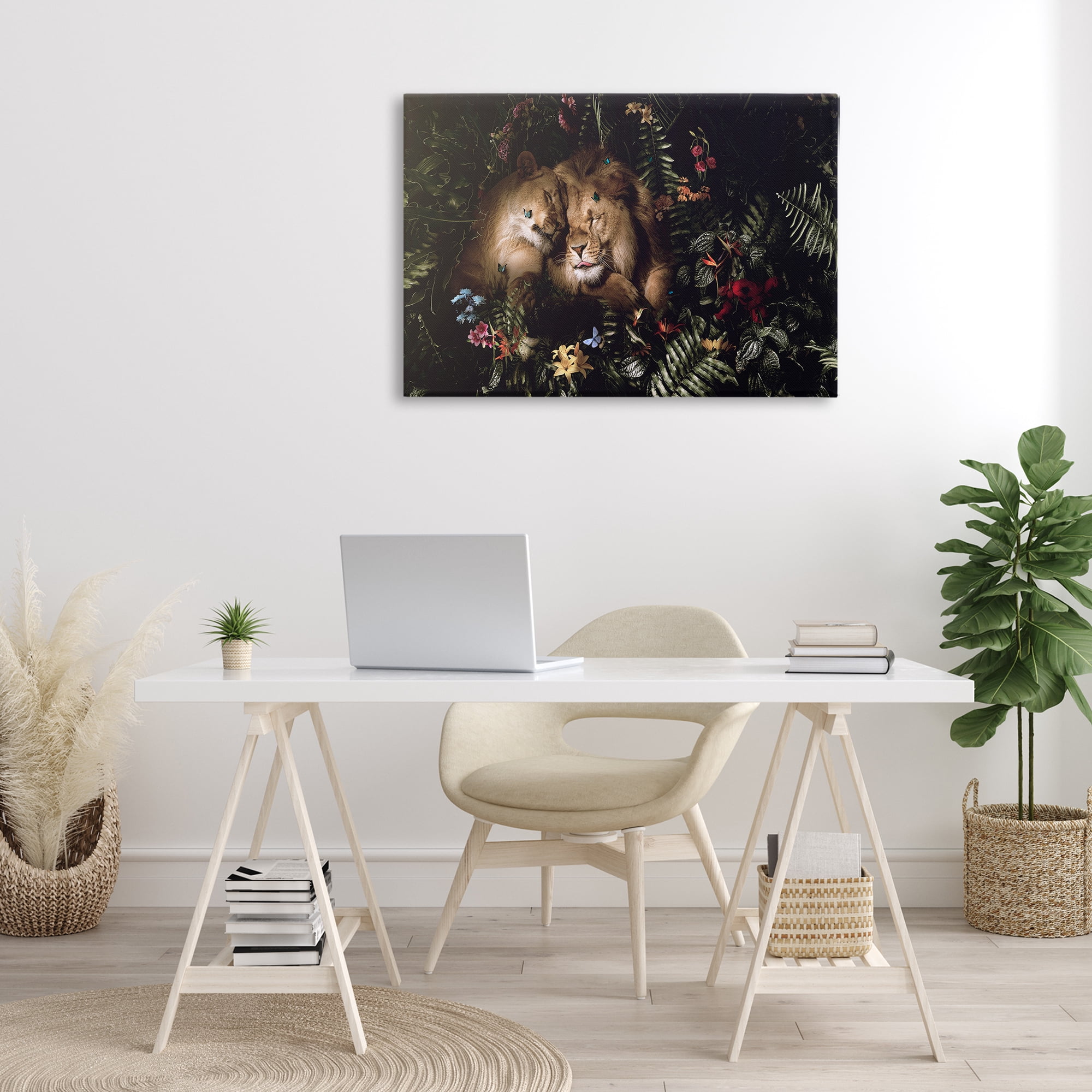 Stupell Industries Cuddling Lions Among Leaves Plants & Flowers Painting Wrapped Canvas Art Print Wall Art, 36 x 24
