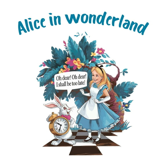 Cute Alice Rabbit and pocket watch Mad Hatter Cheshire Cat Alice in Wonderland Adventurous Creative Minimalist Cartoon Girls Boys Kid Room Design Nursery Fun Home Vinyl Decoration Size (12x12 inch)