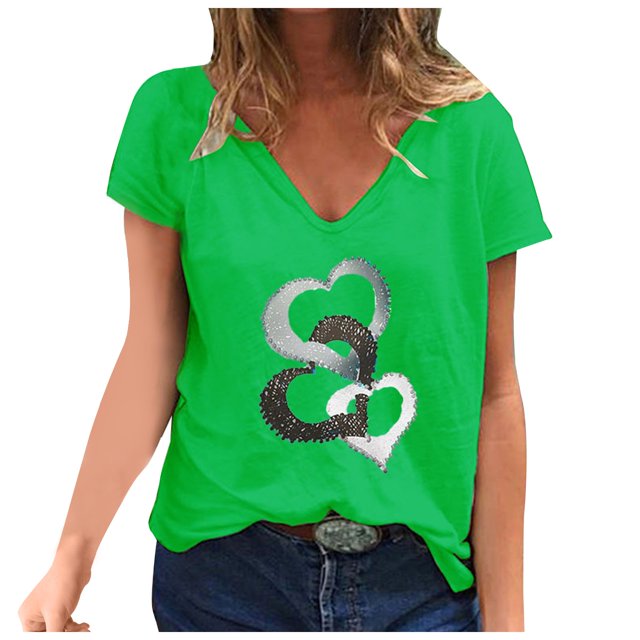 Gibobby Camiseta Powerblend con Cuello en V Camiseta suelta informal con cuello en V para mujer, blusa manga corta con estampado(Verde,CH)