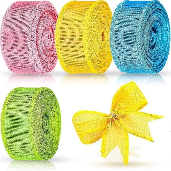 4 Rolls Easter Burlap Wired Ribbon - 1.5 Inch - Solid Wired Edge for DIY Wreaths & Home Decor - Blue, Pink, Green, Yellow