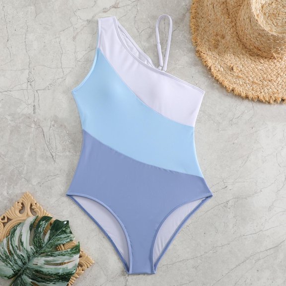 PNTUTB Summer Fashion Women's Color Blocked Asymmetric Strap Bikini One Piece Swimsuit with Built-in Padded Cups