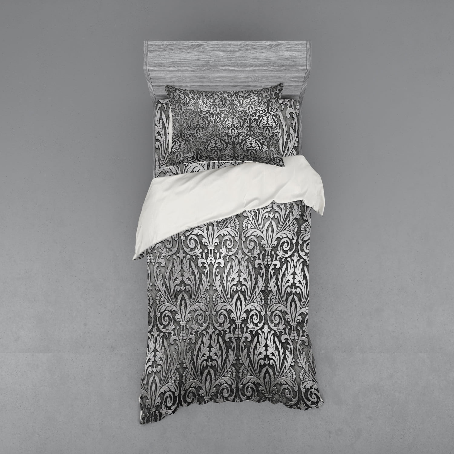 Grey Duvet Cover Set, Graphic with Classic Floral Ornaments Medieval