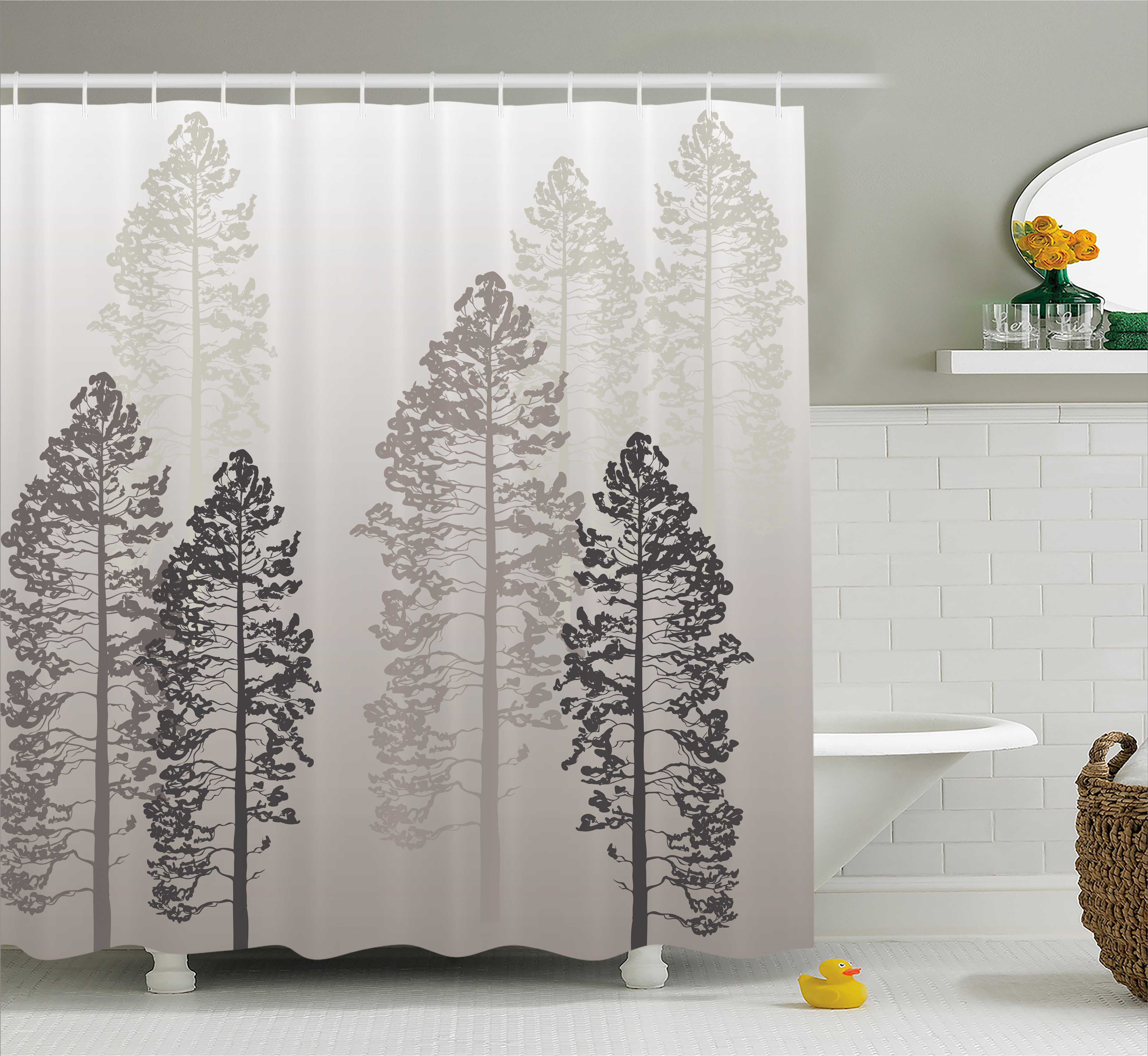Country Shower Curtain, Pine Trees in the Forest on Foggy Seem Ombre ...