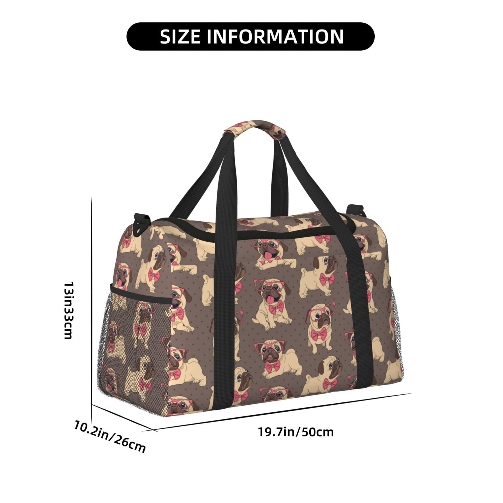 Ratiio Cut Pug Pattern Hand Travel Bag, Weekender Carry On for Women Men, Sports Gym Bag, Workout Duffel Bag, Overnight Shoulder Bag fit 15.6 Inch Laptop