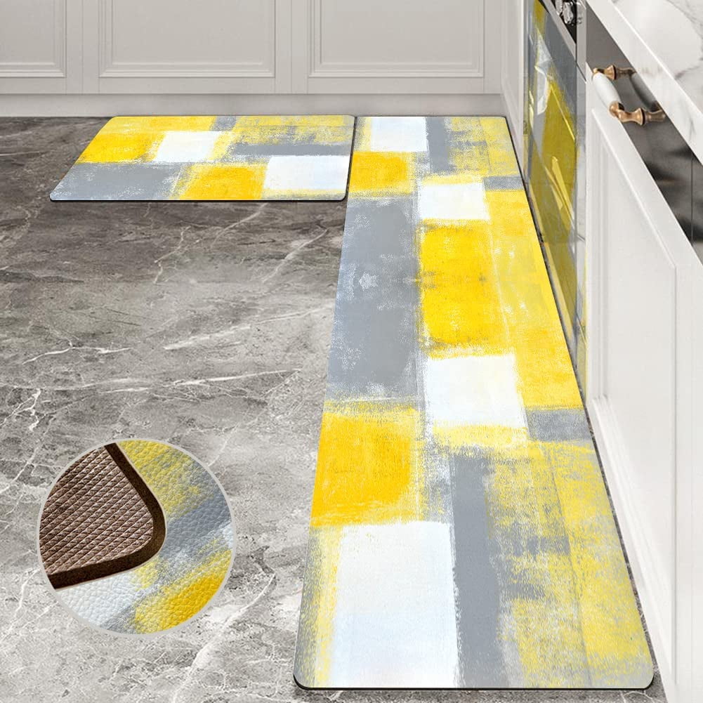 Yellow and Grey Kitchen Rugs and Mats Set 2 Piece Yellow Abstract Art