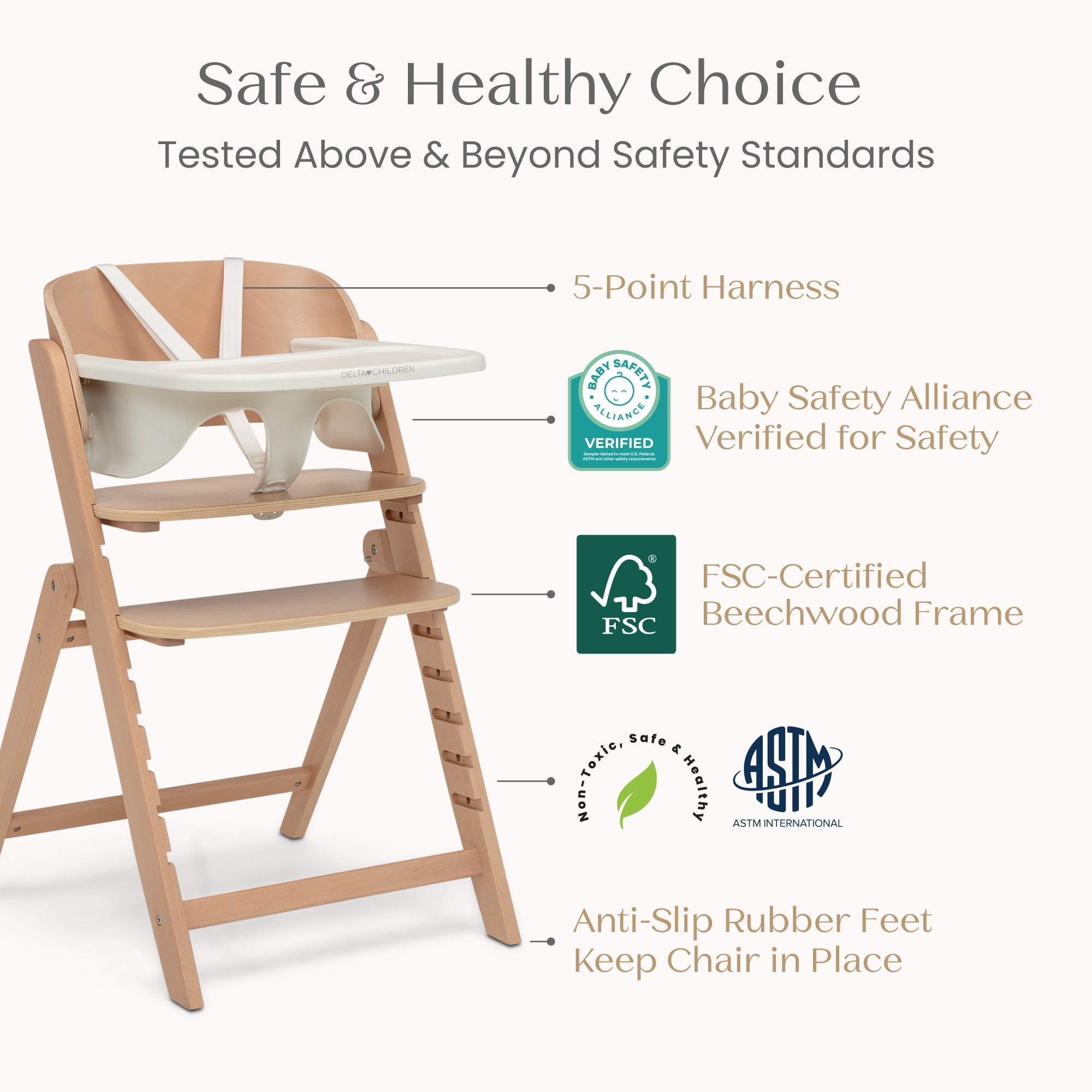 Delta Children Crave 4-in-1 Convertible High Chair – Folds Flat, FSC Certified Beech Wood Frame, Grows from Baby to Adult, Magnetic Buckle & Dishwasher-Safe Tray – Natural