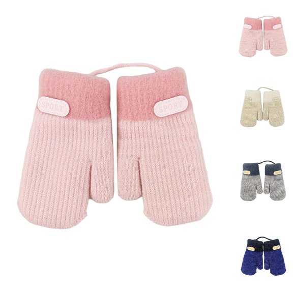 Bmisegm Kids Gloves Mittens Detachable Lanyard Double Layer Thermal Knitted Leather Patch Boys Girls Pink