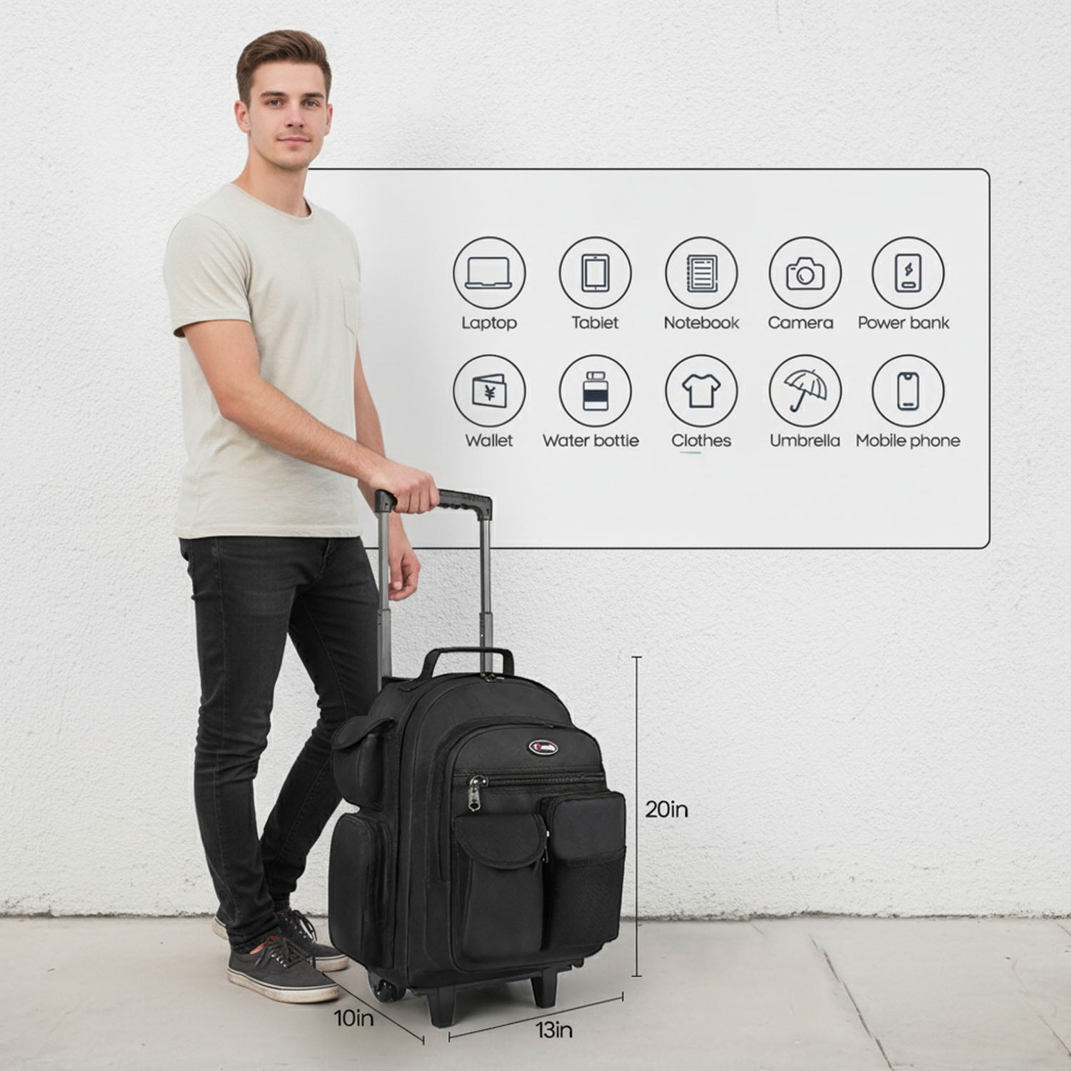 20" Rolling Backpack for Women Men, 2 in 1 Carry-on Travel Backpack with Wheels & Handle for Work, Weekend, School, Short Trips, Black - JH2560