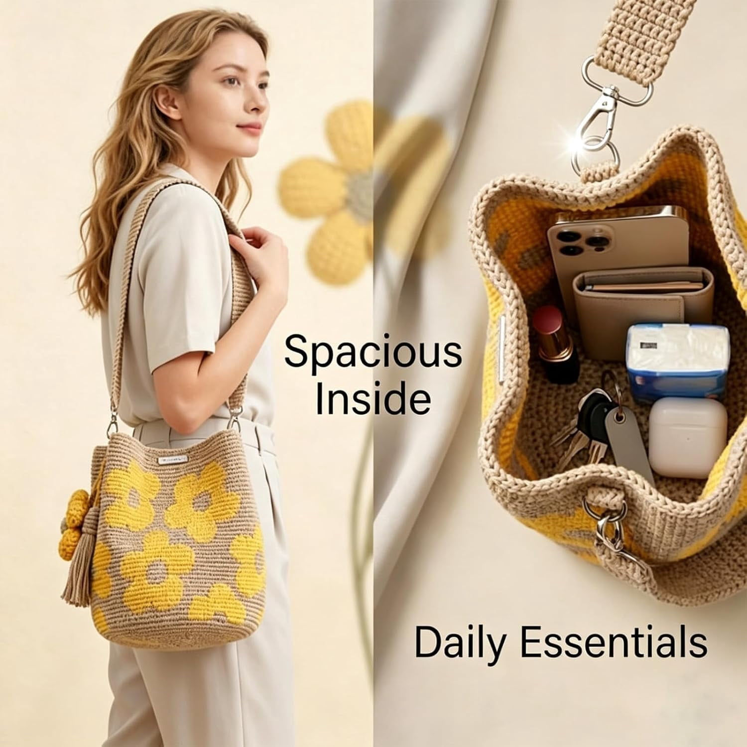 Handmade Crochet Flower Tote – Boho Floral Woven Shoulder Bag for Women, 3D Flower & Tassel Accents, Large Travel Purse