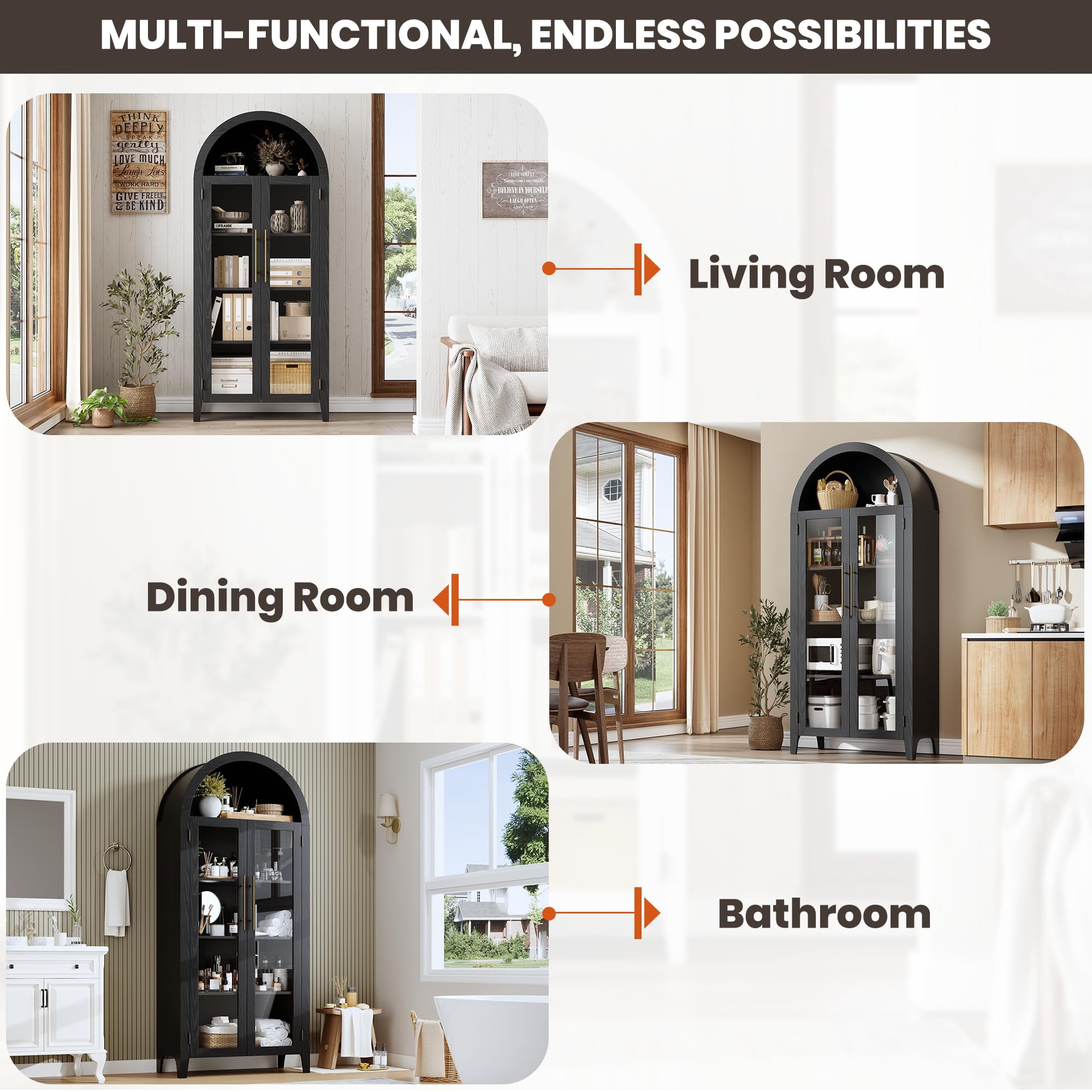 Soonbuy 5 Tier Arched Kitchen Pantry Storage Cabinet, Farmhouse Display Shelf with Adjustable Shelf and 2 Large Glass Doors, Versatile Cupboard for Kitchen, Dinning Room, Living Room