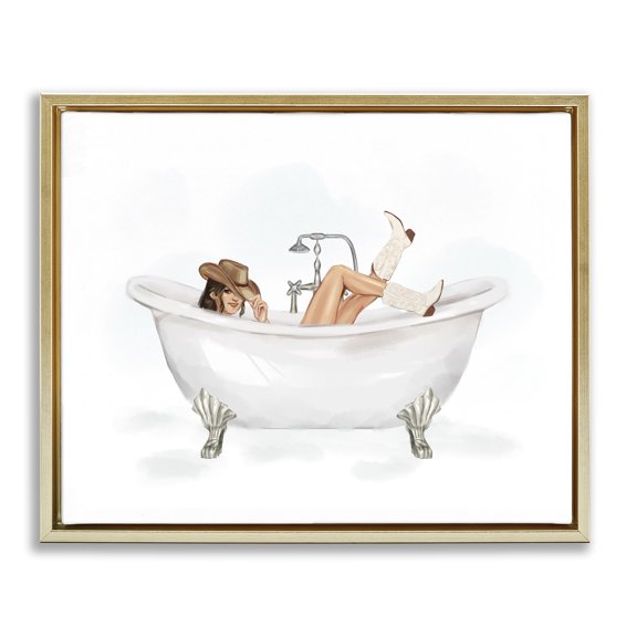 Stupell Industries Glam Cowgirl in Bathtub Gold Floating Frame Canvas Art, 21 x 17, by Ziwei Li