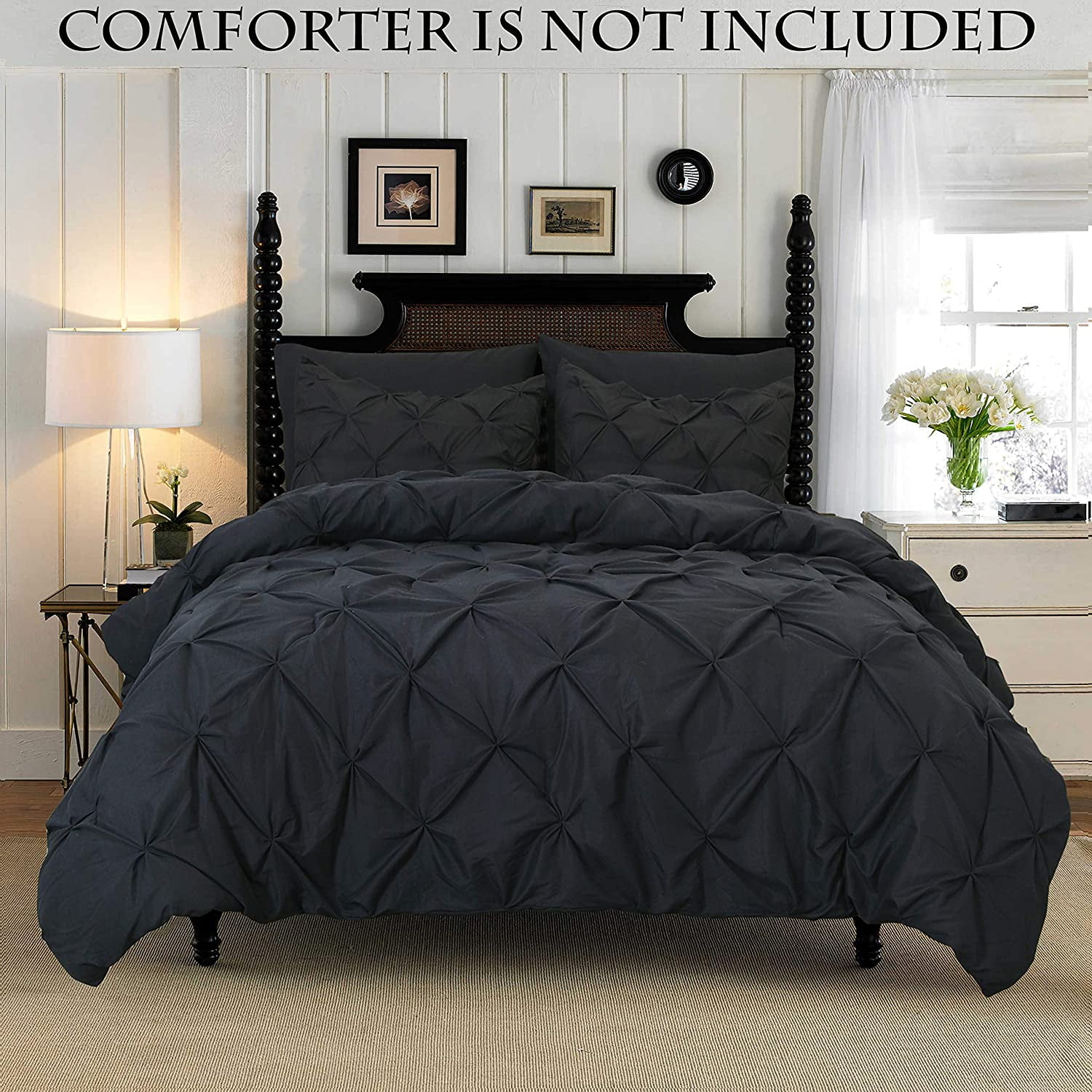 3-Piece Duvet Cover with Matching Sham, Pinch Pleat Design, All Season Suitable Comforter Cover, Full/Queen, Black