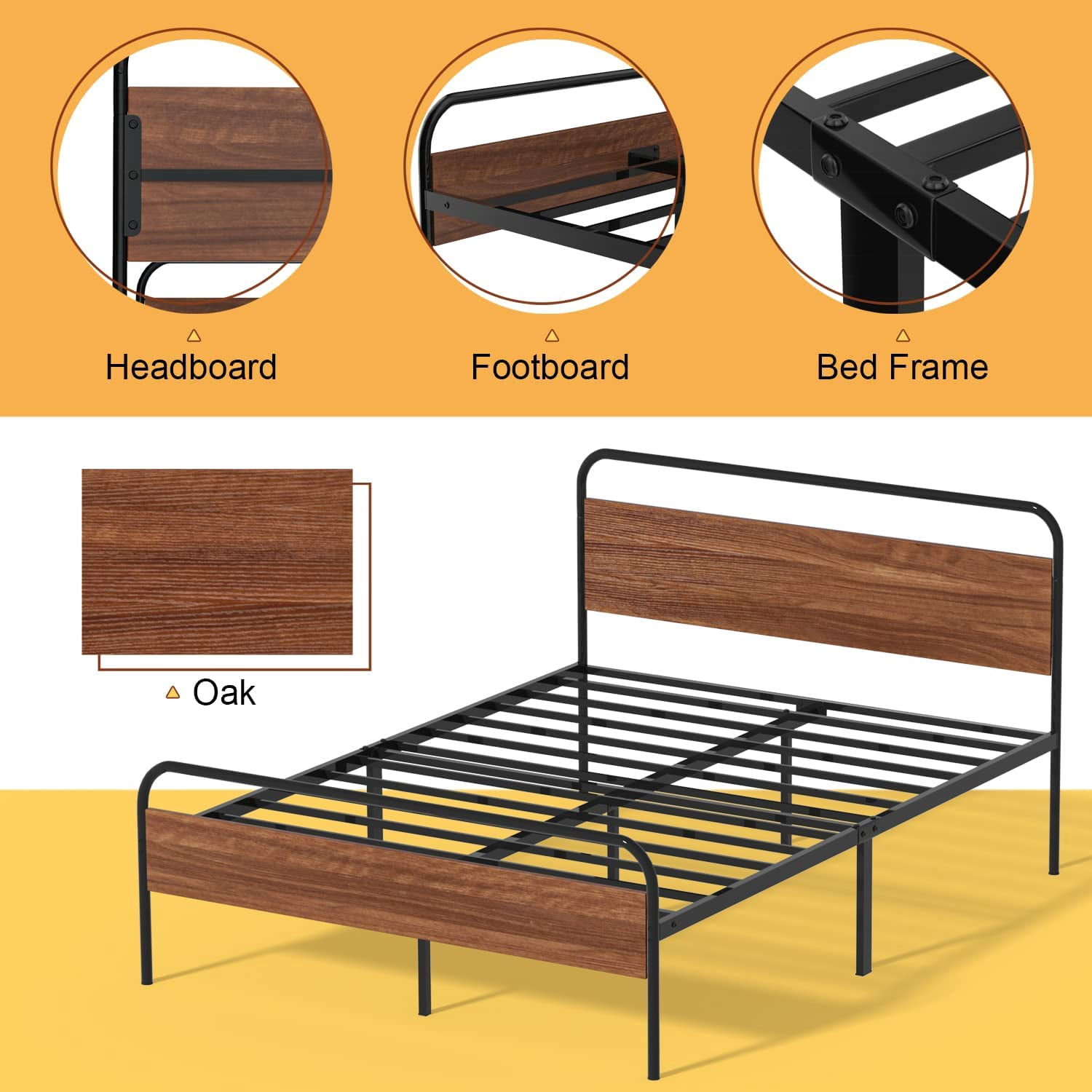 Lacoo 41 Inch Metal and Wood Platform Bed Frame, No Box Spring Needed, Metal Slat Support, Easy Assembly, Chestnut Brown, Full