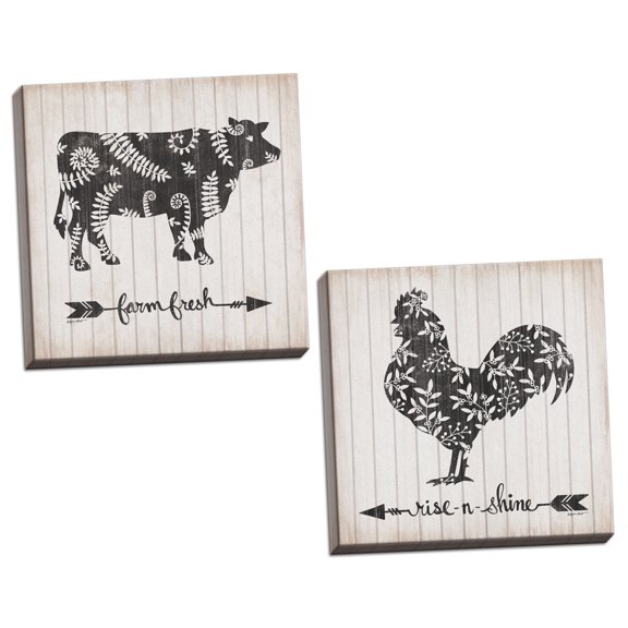 Gango Home Decor French-Country Rise N Shine Rooster & Farm Fresh Cow; Two 12x12in Hand-Stretched Canvases