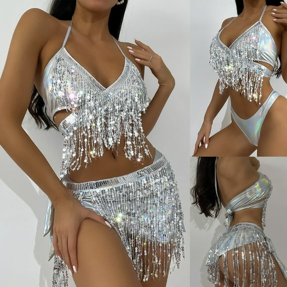 1 Set Summer Bathing Suit Multi Tassels Solid Color Lace Up Halter Neck Low-cut Swimming Backless Shiny Sequins Lady Bikini Set Water Sports Clothes