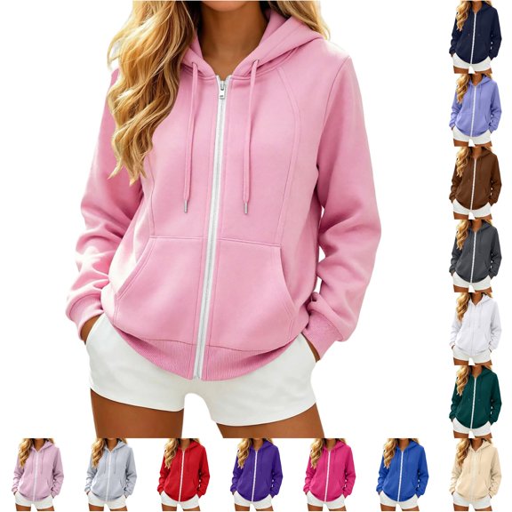 CAIVO Sweatshirts Women Zip Up Hoodie Soft Comfort Adjustable Drawstring Front Pocket Solid Color Raglan Seam Full Zip Hooded Jacket Basic Minimalist Daily Streetwear Outerwear Boho Long Sleeve Tops