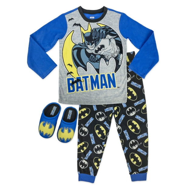 Batman Boys Classic Long Sleeve Top and Pants 2-Piece Pajama Sleep Set with Slippers, Sizes 4-12