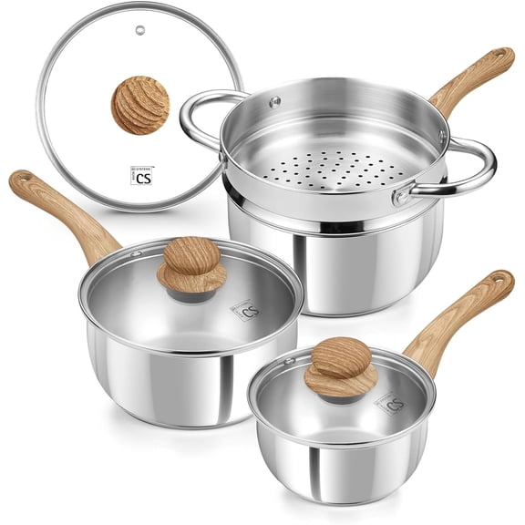 Koch Systeme CS 6-Piece 1 2 3 QT Stainless Steel Saucepan Set with Lids & Cool‑Touch Handles & Steamer Inserts, Tri-Ply Base, Induction Compatible